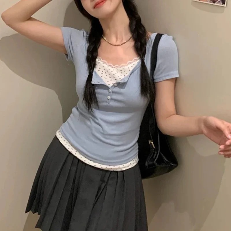 Crop Blouse Linen - Damska koszulka z prążkowanej dzianiny z