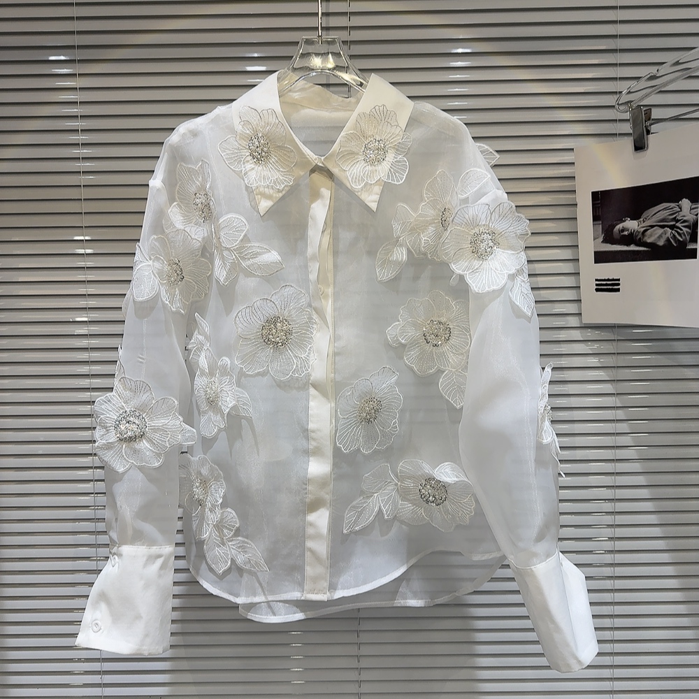 Crop Blouse Linen - Wiosenne cekiny 3D kwiaty siateczka łączone