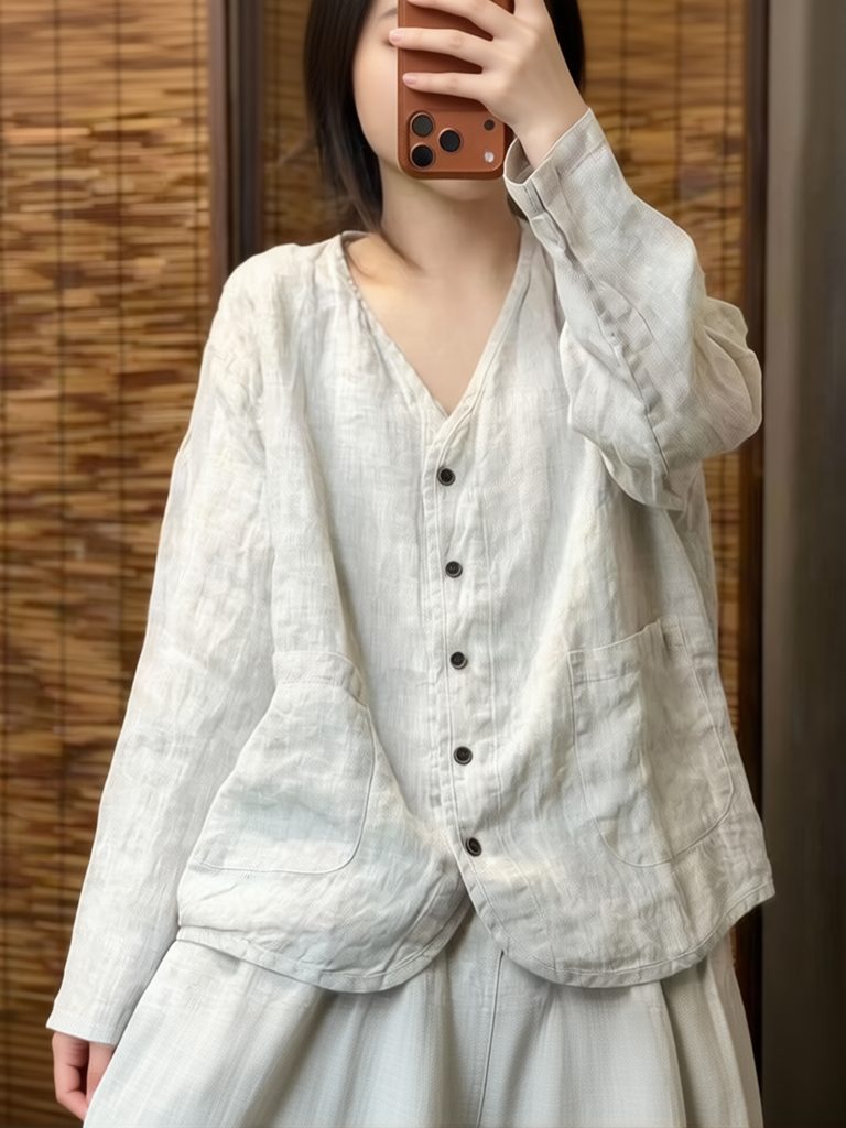 Crop Blouse Linen - Estetyczna etniczna koszula damska z bawełny