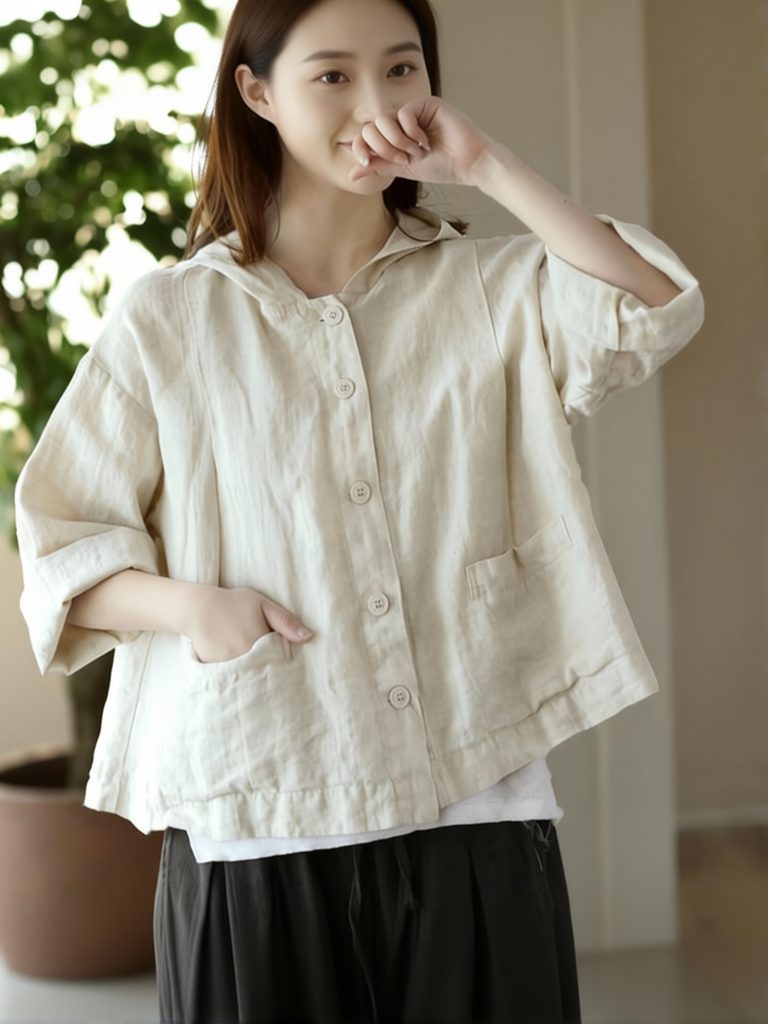 Crop Blouse Linen - Vintage bawełniana lniana koszula z kapturem,
