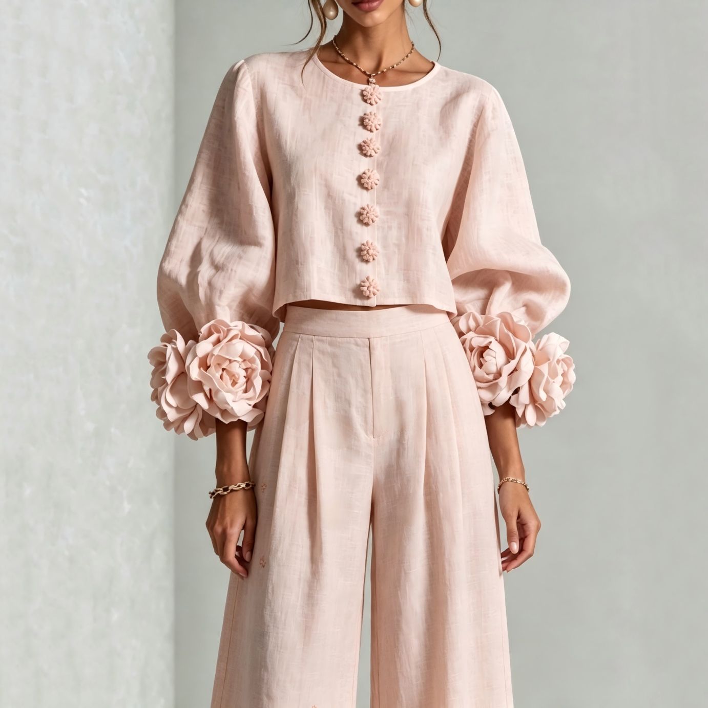 Crop Blouse Linen - Damski lniany zestaw składający się z
